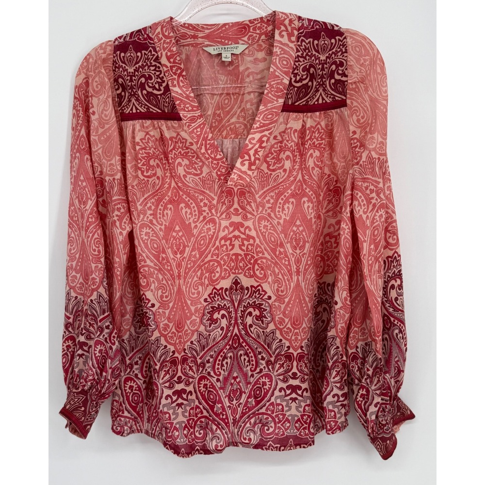 Liverpool Los Angeles‎ Pink Paisley Modal Peasant Blouse Split V-Neck Sz S